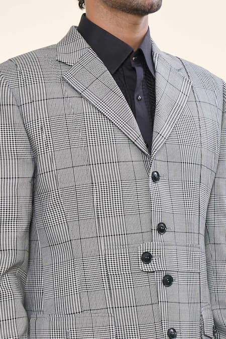 Prima Czar_Grey Poly Wool Weave Checks Classic Jacket_Online_at_Aza_Fashions