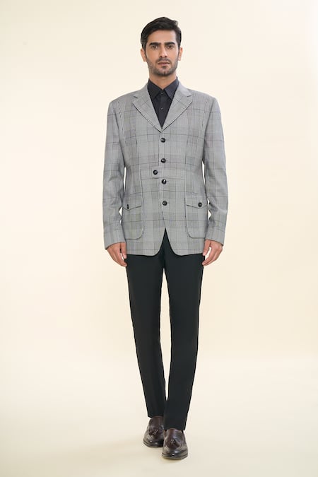 Buy_Prima Czar_Grey Poly Wool Weave Checks Classic Jacket_Online_at_Aza_Fashions