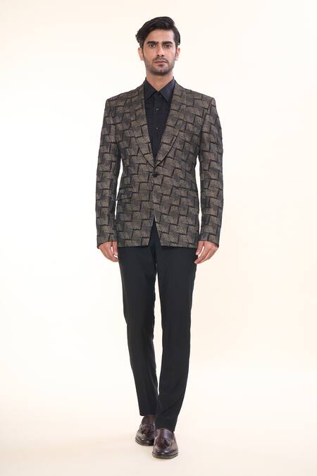 Buy Prima Czar Black Jacquard Weave Abstract Pattern Tuxedo Online at Aza Fashions Buy_Prima Czar_Black Jacquard Weave Abstract Pattern Tuxedo_Online_at_Aza_Fashions