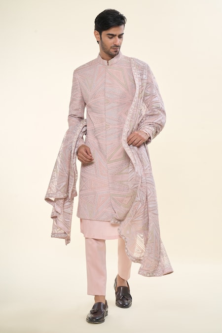 Prima Czar Pink Net Embroidery Abstract Sherwani And Pant Set 