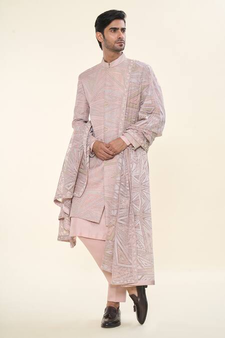 Shop Prima Czar Pink Net Embroidery Abstract Sherwani And Pant Set at Aza Fashions Shop_Prima Czar_Pink Net Embroidery Abstract Sherwani And Pant Set_at_Aza_Fashions