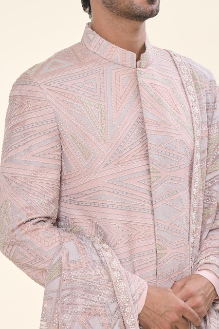 Buy Prima Czar Pink Net Embroidery Abstract Sherwani And Pant Set Online at Aza Fashions Buy_Prima Czar_Pink Net Embroidery Abstract Sherwani And Pant Set_Online_at_Aza_Fashions