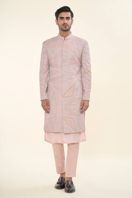 Shop Prima Czar Pink Net Embroidery Abstract Sherwani And Pant Set Online at Aza Fashions Shop_Prima Czar_Pink Net Embroidery Abstract Sherwani And Pant Set_Online_at_Aza_Fashions