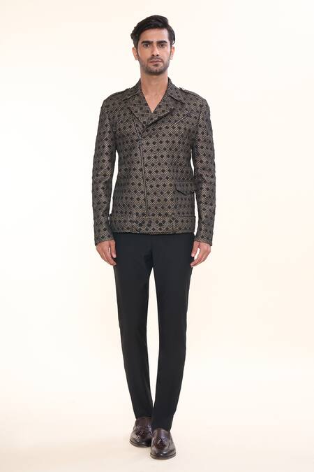 Prima Czar Black Jacquard Embellishment Geometric Bomber Jacket Online at Aza Fashions Prima Czar_Black Jacquard Embellishment Geometric Bomber Jacket_Online_at_Aza_Fashions