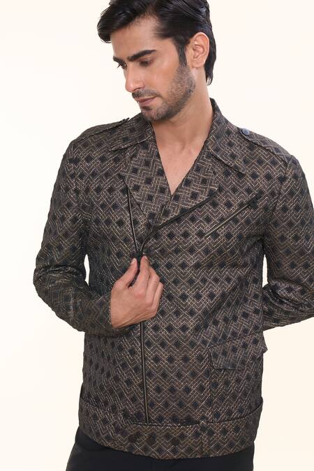 Buy Prima Czar Black Jacquard Embellishment Geometric Bomber Jacket Online at Aza Fashions Buy_Prima Czar_Black Jacquard Embellishment Geometric Bomber Jacket_Online_at_Aza_Fashions