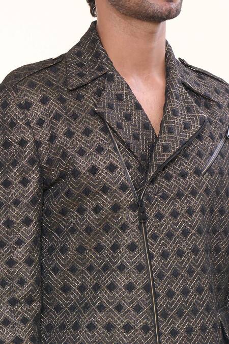 Shop Prima Czar Black Jacquard Embellishment Geometric Bomber Jacket Online at Aza Fashions Shop_Prima Czar_Black Jacquard Embellishment Geometric Bomber Jacket_Online_at_Aza_Fashions