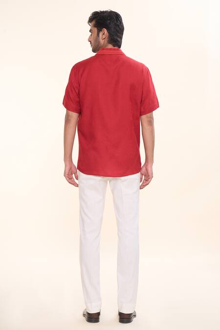 Shop_Prima Czar_Red Cotton Embroidery Patchwork Shirt_at_Aza_Fashions