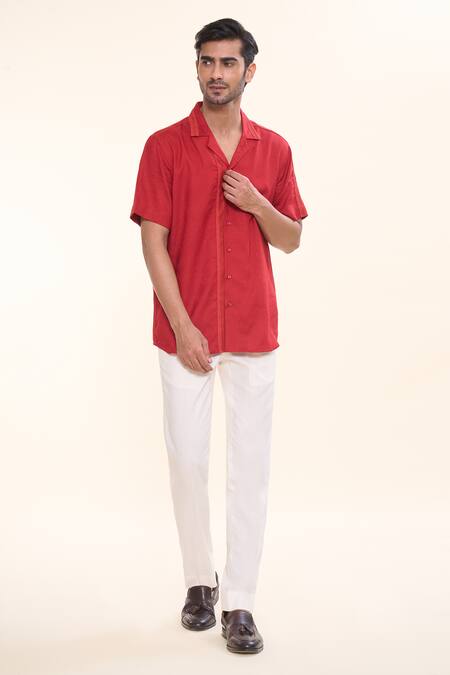 Prima Czar_Red Cotton Embroidery Patchwork Shirt_Online_at_Aza_Fashions