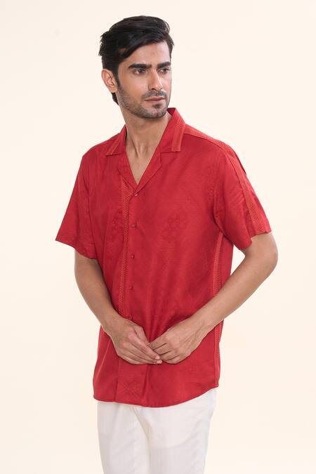 Buy_Prima Czar_Red Cotton Embroidery Patchwork Shirt_Online_at_Aza_Fashions