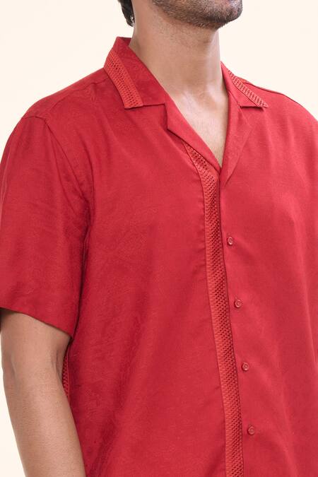 Shop_Prima Czar_Red Cotton Embroidery Patchwork Shirt_Online_at_Aza_Fashions