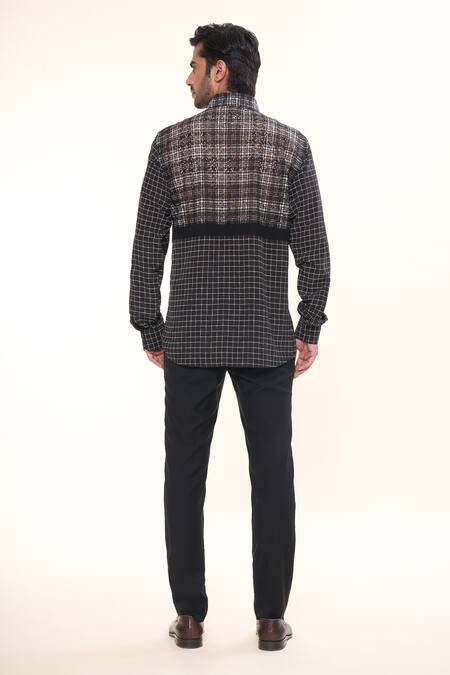 Shop_Prima Czar_Black Net Print Checks And Shirt_at_Aza_Fashions