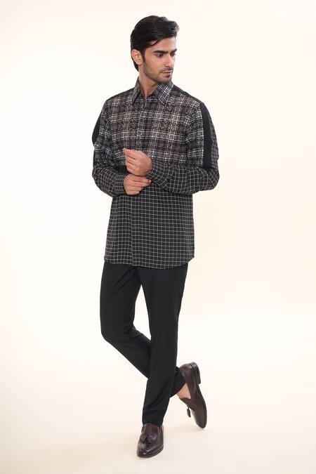 Shop_Prima Czar_Black Net Print Checks And Shirt_Online_at_Aza_Fashions