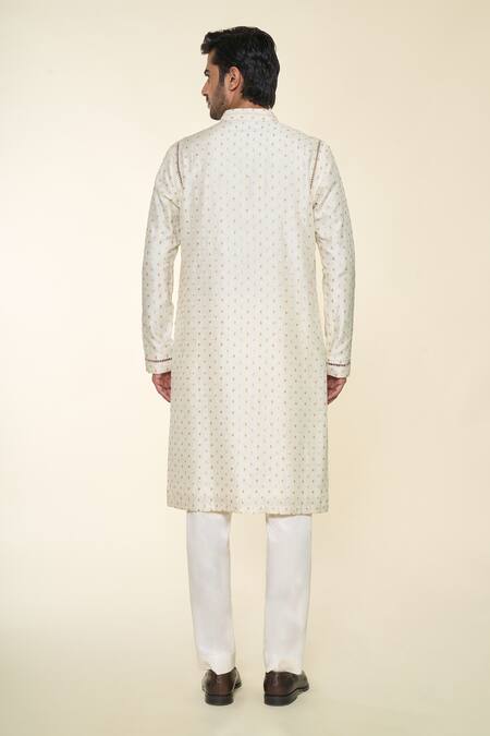 Shop Prima Czar Ivory Silk Embroidery Buttis Kurta With Pant at Aza Fashions Shop_Prima Czar_Ivory Silk Embroidery Buttis Kurta With Pant_at_Aza_Fashions