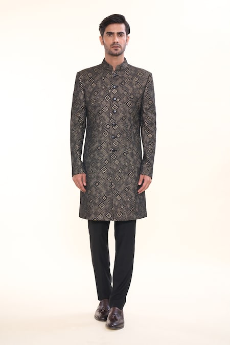 Prima Czar_Black Jacquard Embellishment Geometric Sherwani_Online_at_Aza_Fashions