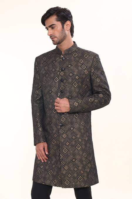 Buy_Prima Czar_Black Jacquard Embellishment Geometric Sherwani_Online_at_Aza_Fashions