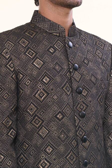 Shop_Prima Czar_Black Jacquard Embellishment Geometric Sherwani_Online_at_Aza_Fashions