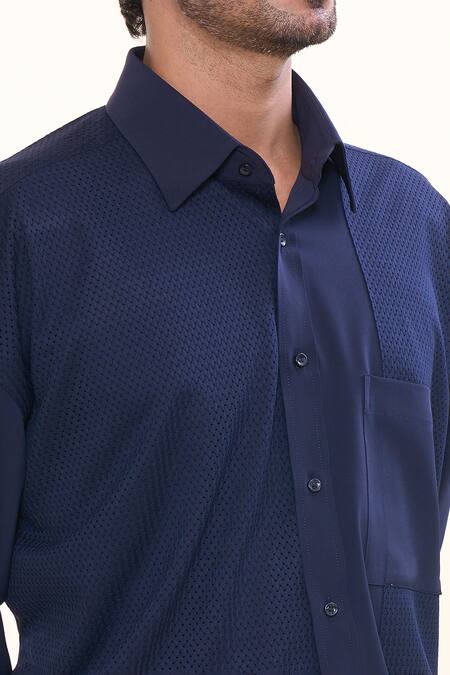 Prima Czar_Blue Cotton Embroidery Patchwork Shirt_at_Aza_Fashions