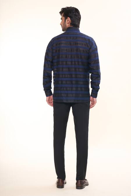 Shop_Prima Czar_Blue Net Stripes Classic Shirt_at_Aza_Fashions