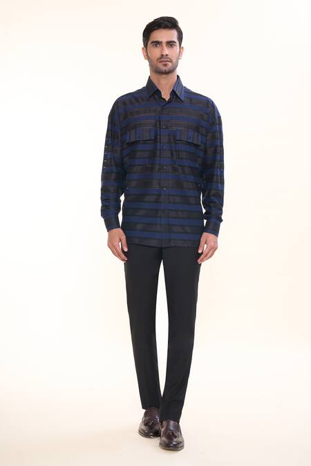 Prima Czar_Blue Net Stripes Classic Shirt_Online_at_Aza_Fashions