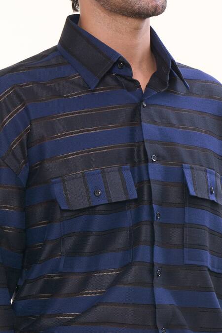 Shop_Prima Czar_Blue Net Stripes Classic Shirt_Online_at_Aza_Fashions