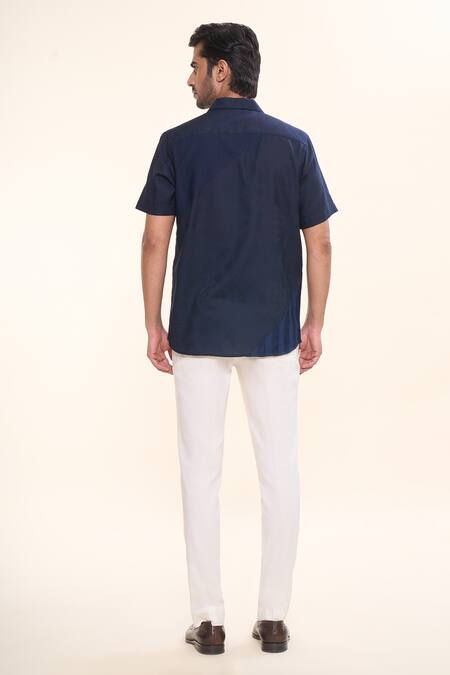 Shop_Prima Czar_Blue Cotton Embroidery Patchwork Shirt_at_Aza_Fashions