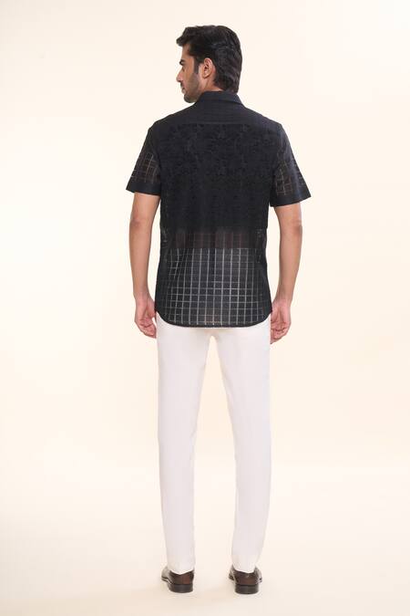 Shop_Prima Czar_Black Net Embroidery Patchwork Floral Shirt_at_Aza_Fashions