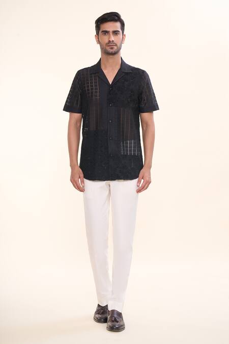 Prima Czar_Black Net Embroidery Patchwork Floral Shirt_Online_at_Aza_Fashions