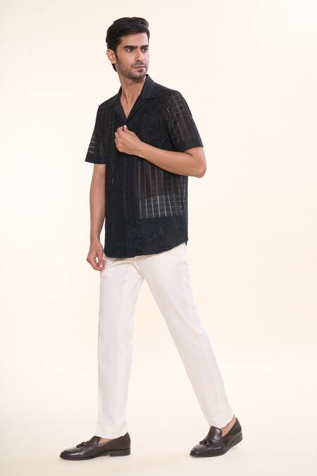 Buy_Prima Czar_Black Net Embroidery Patchwork Floral Shirt_Online_at_Aza_Fashions