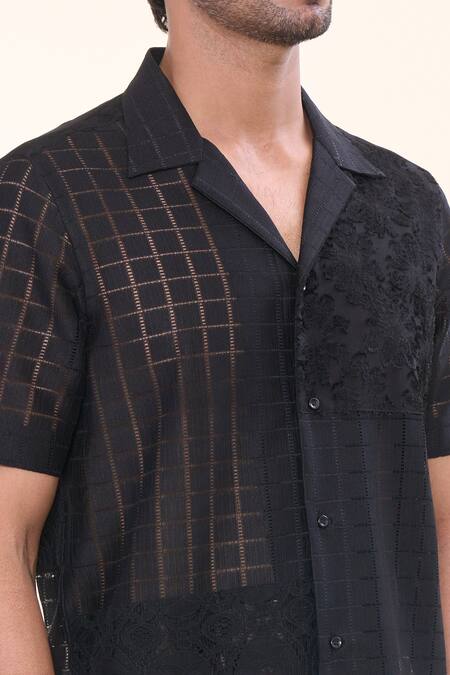 Shop_Prima Czar_Black Net Embroidery Patchwork Floral Shirt_Online_at_Aza_Fashions