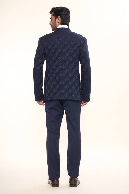 Shop Prima Czar Blue Jacquard Weave Geometric Bandhgala And Pant Set at Aza Fashions Shop_Prima Czar_Blue Jacquard Weave Geometric Bandhgala And Pant Set_at_Aza_Fashions