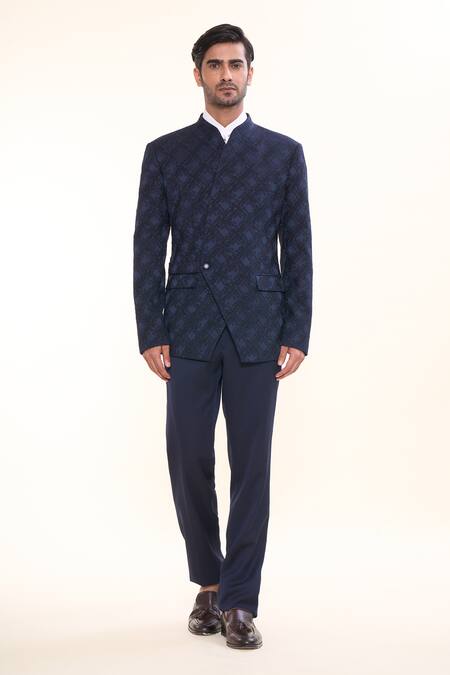 Buy Prima Czar Blue Jacquard Weave Geometric Bandhgala And Pant Set Online at Aza Fashions Buy_Prima Czar_Blue Jacquard Weave Geometric Bandhgala And Pant Set_Online_at_Aza_Fashions