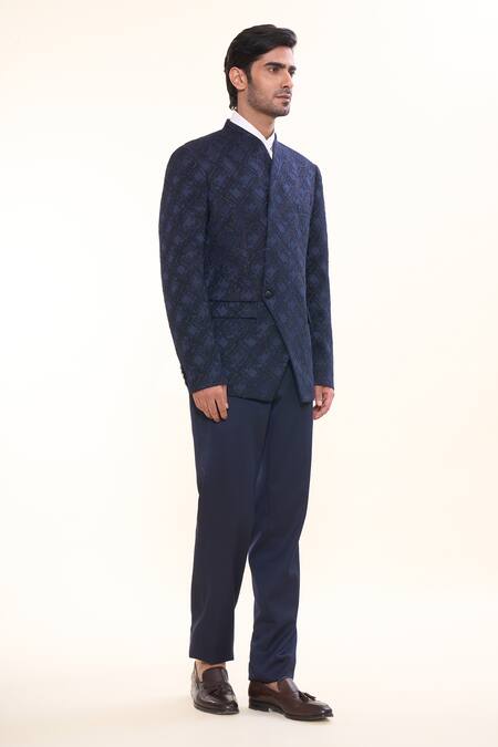 Shop Prima Czar Blue Jacquard Weave Geometric Bandhgala And Pant Set Online at Aza Fashions Shop_Prima Czar_Blue Jacquard Weave Geometric Bandhgala And Pant Set_Online_at_Aza_Fashions