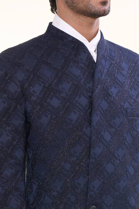 Prima Czar Blue Jacquard Weave Geometric Bandhgala And Pant Set at Aza Fashions Prima Czar_Blue Jacquard Weave Geometric Bandhgala And Pant Set_at_Aza_Fashions