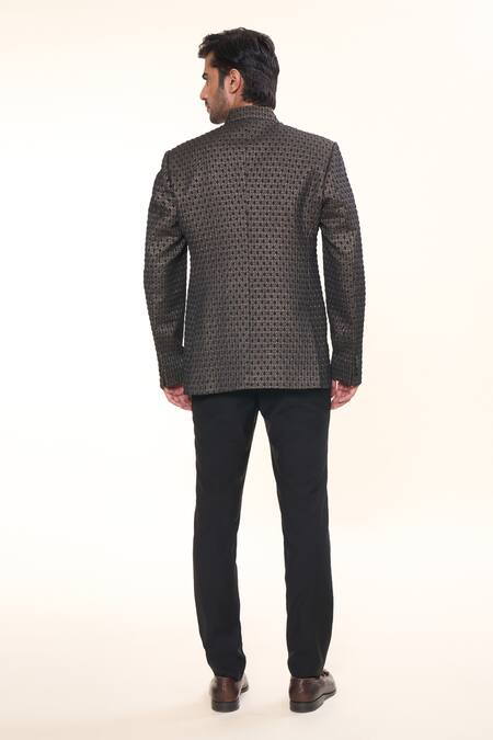 Shop_Prima Czar_Black Jacquard Embroidery Classic Bandhgala_at_Aza_Fashions