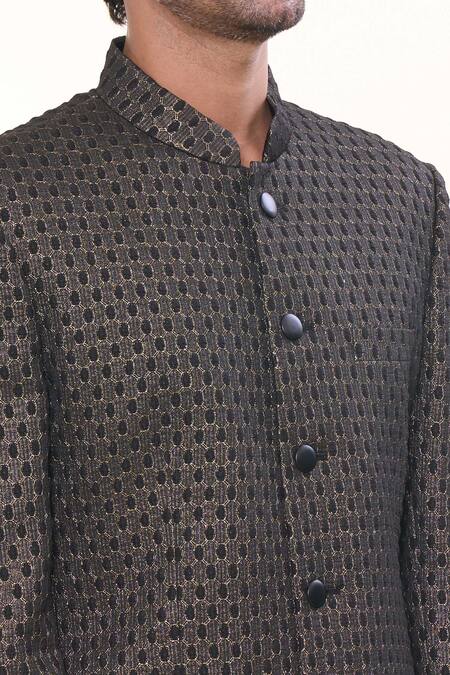 Prima Czar_Black Jacquard Embroidery Classic Bandhgala_at_Aza_Fashions