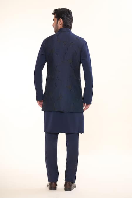 Shop Prima Czar Blue Jacquard Embroidery Cutwork Bundi Set at Aza Fashions Shop_Prima Czar_Blue Jacquard Embroidery Cutwork Bundi Set_at_Aza_Fashions