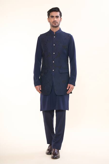 Buy Prima Czar Blue Jacquard Embroidery Cutwork Bundi Set Online at Aza Fashions Buy_Prima Czar_Blue Jacquard Embroidery Cutwork Bundi Set_Online_at_Aza_Fashions