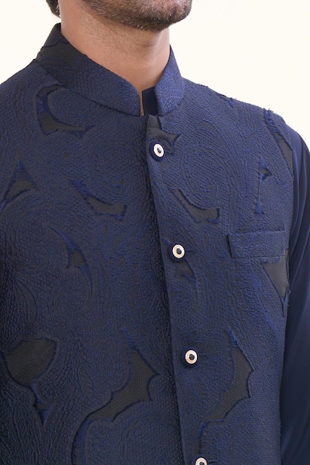 Prima Czar Blue Jacquard Embroidery Cutwork Bundi Set at Aza Fashions Prima Czar_Blue Jacquard Embroidery Cutwork Bundi Set_at_Aza_Fashions