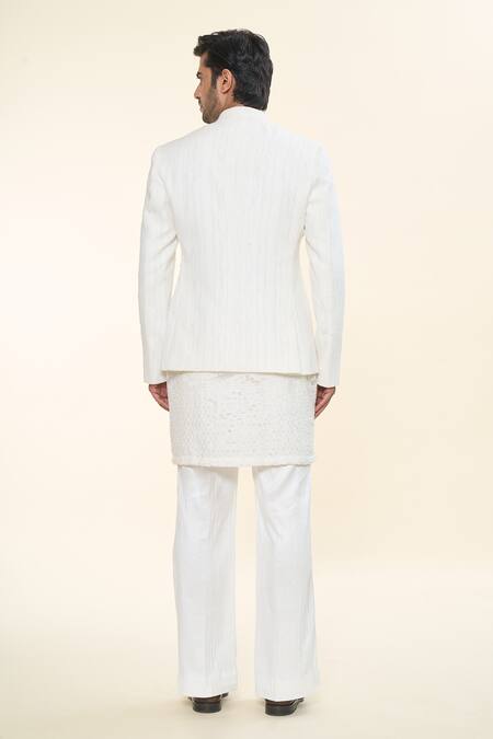 Shop Prima Czar Off White Net Textures Jacket And Kurta Set at Aza Fashions Shop_Prima Czar_Off White Net Textures Jacket And Kurta Set_at_Aza_Fashions