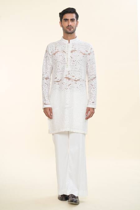 Prima Czar Off White Net Textures Jacket And Kurta Set Online at Aza Fashions Prima Czar_Off White Net Textures Jacket And Kurta Set_Online_at_Aza_Fashions