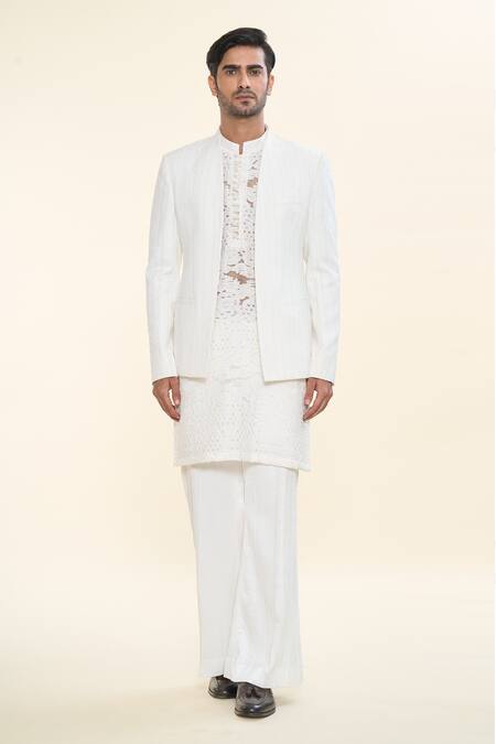 Shop Prima Czar Off White Net Textures Jacket And Kurta Set Online at Aza Fashions Shop_Prima Czar_Off White Net Textures Jacket And Kurta Set_Online_at_Aza_Fashions