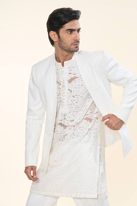 Prima Czar Off White Net Textures Jacket And Kurta Set at Aza Fashions Prima Czar_Off White Net Textures Jacket And Kurta Set_at_Aza_Fashions