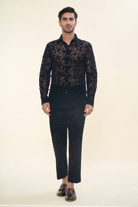 Prima Czar_Black Jacquard Textures Floral Tuxedo Blazer And Pant Set_Online_at_Aza_Fashions