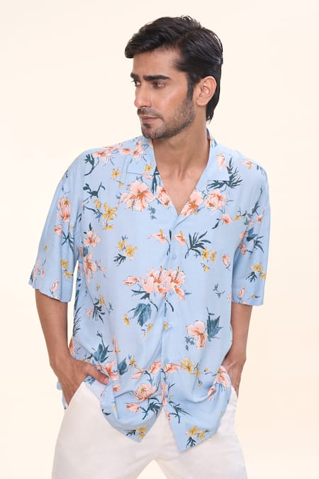 Shop_Prima Czar_Sky Blue Rayon Print Floral Shirt_Online_at_Aza_Fashions