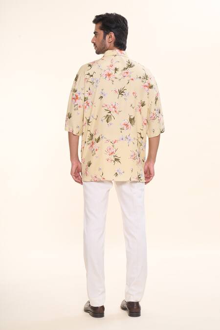 Shop_Prima Czar_Yellow Rayon Print Floral Oversized Shirt_at_Aza_Fashions