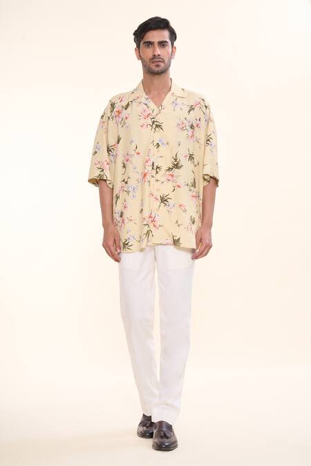 Prima Czar_Yellow Rayon Print Floral Oversized Shirt_Online_at_Aza_Fashions