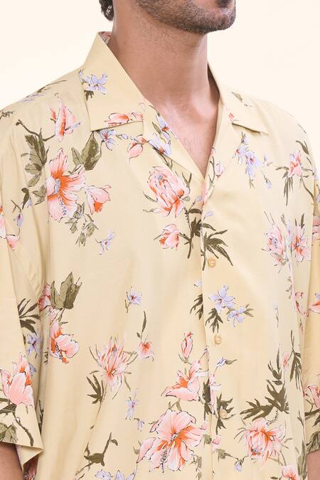 Shop_Prima Czar_Yellow Rayon Print Floral Oversized Shirt_Online_at_Aza_Fashions