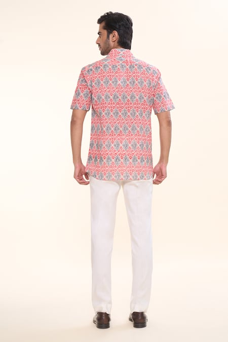 Shop_Prima Czar_Red Seersucer Print Floral Motif Shirt_at_Aza_Fashions