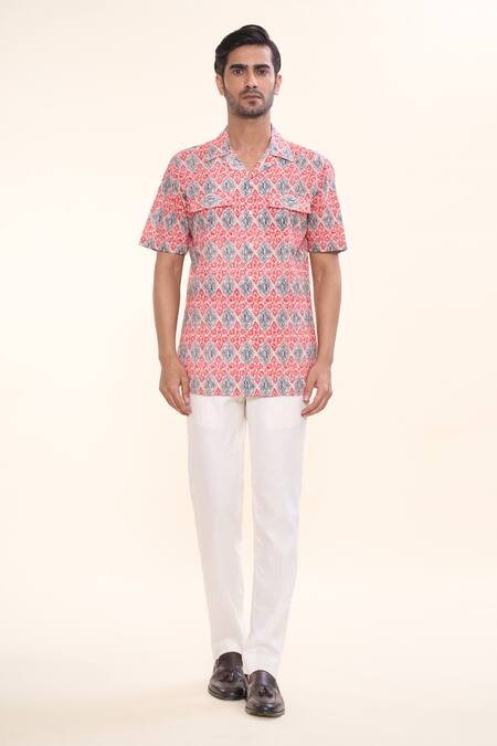 Prima Czar_Red Seersucer Print Floral Motif Shirt_Online_at_Aza_Fashions