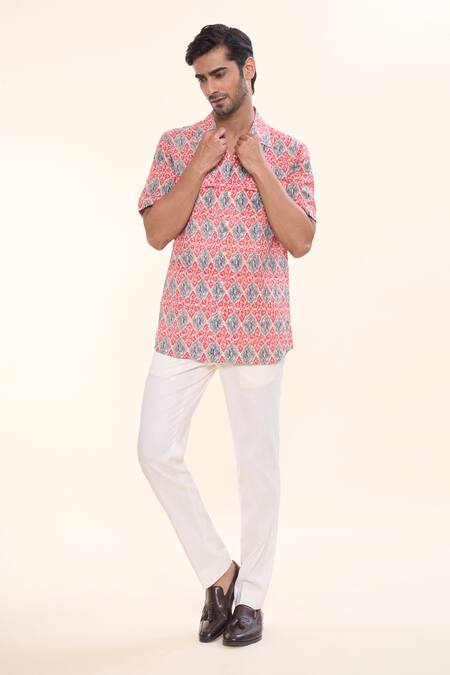 Buy_Prima Czar_Red Seersucer Print Floral Motif Shirt_Online_at_Aza_Fashions